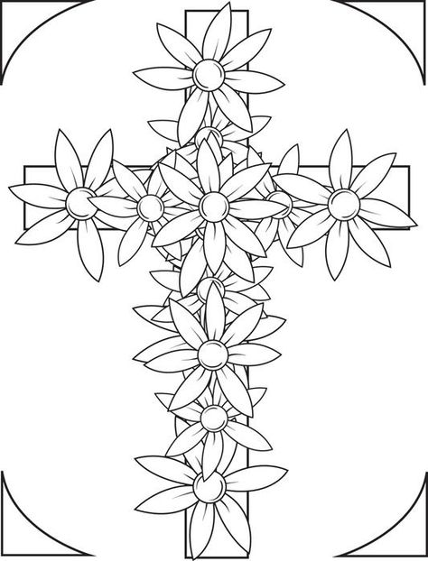 Cross With Flowers Coloring Page Cross With Flowers, Cross Coloring Page, Coloring Pages For Grown Ups, Flowers Coloring, Bible Verse Coloring, Bible Coloring Pages, Easter Coloring Pages, Cross Art, Easter Colouring