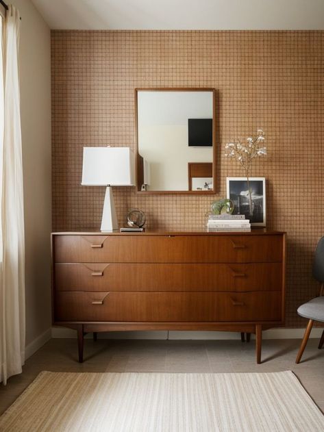 Teak Accent Wall, Mid Century Bedroom Accent Wall, Mid Century Modern Accent Wall Bedroom, Mid Century Modern Bedroom Wallpaper, 70s Mid Century Modern Bedroom, Mid Century Modern Wallpaper Accent Wall, Mcm Bedroom Decor, Midcentury Bedroom Ideas Master, Mid Centry Modern Bedroom