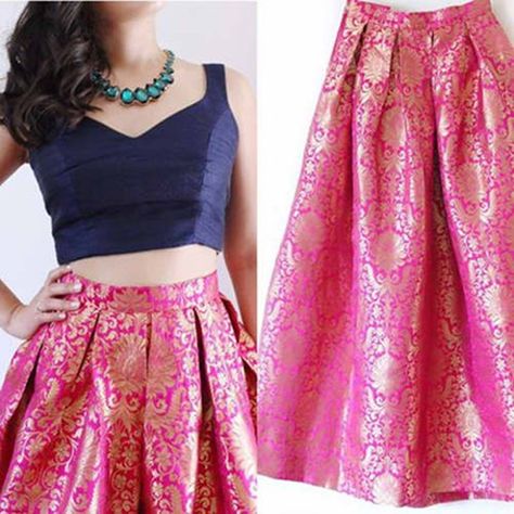 Feb-March, 2018) Pink Brocade Indian Skirt, Lehenga, Ghagra | Image Source: www.craftsvilla.com #lehenga #brocade #skirt #ghagra #ss18 #indianfashion @missmalini via @sunjayjk Indian Skirt And Top, Indian Crop Tops, Pink Blouse Designs, Raw Silk Dress, Brocade Lehenga, Pink Brocade, Blouse Lehenga, Lehenga Choli For Women, Choli For Women