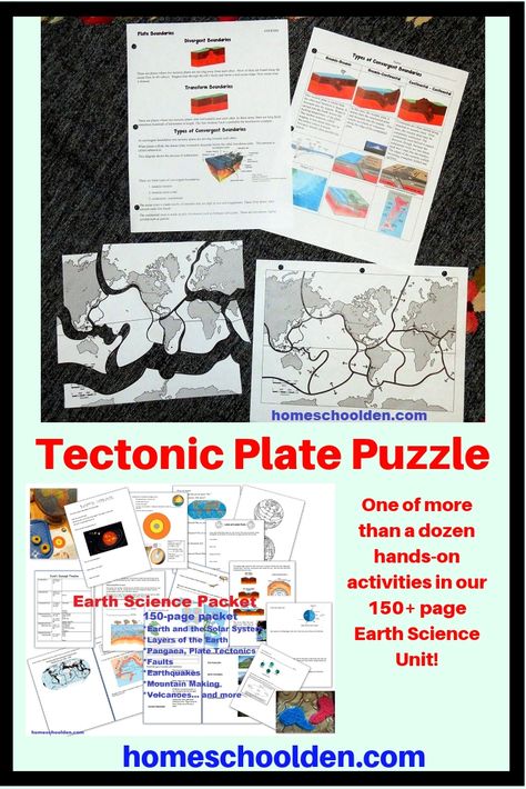 Tectonic Plate Puzzle -- Earth Science Unit Activity  One of more than a dozen hands-on activities in our 150+ page Earth Science Unit! This unit covers the Layers of the Earth, Pangaea, Plate Tectonics, Faults, Earthquakes, Volcanoes and More!   #EarthScienceActivity #EarthScienceUnit #EarthScienceHands-OnActivity #Hands-OnScience #homeschoolcurriculum #homeschooling #homeschoolden Tectonic Plates Puzzle, Earth Plates Activity, Plate Tectonics Activity, Earth Science Worksheets, Tectonic Plates Activities, Geology Activities, High School Earth Science, Plate Tectonic, Earth Science Experiments