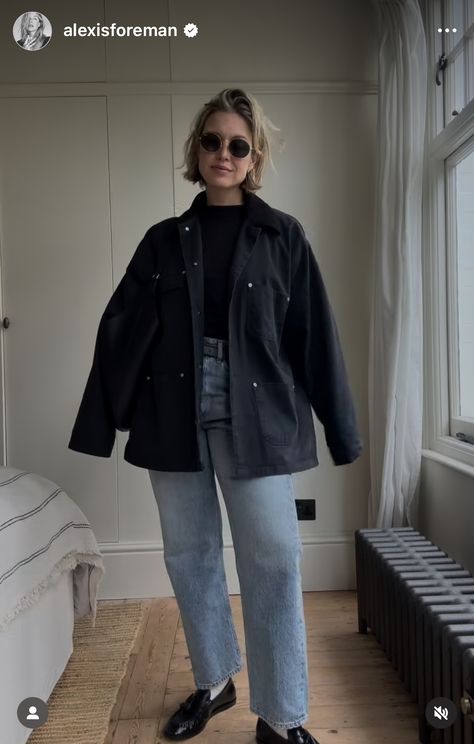 Black Chore Jacket Outfit, Fisherman Outfit For Women, Uniqlo Jacket Outfit, Chore Jacket Outfit, Minimal Outfits For Women, Knit Jacket Outfit, Alexis Foreman, Utility Jacket Outfit, Uniqlo Jackets