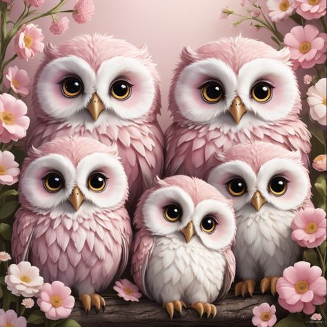 Discover the enchanting beauty of a cute pink owl family surrounded by delicate pink flowers. This whimsical scene captures the sweetness and charm of nature, perfect for adding a touch of magic to your day. Perfect for nature lovers and anyone who appreciates adorable animal moments. #CuteOwl #PinkOwl #OwlFamily #DelicateFlowers #NatureMagic #WhimsicalScene #AdorableAnimals #NatureLovers Owl Artwork, Owl Images, Family Canvas, Owl Family, Owl Pictures, Pink Owl, Creatures Of The Night, Delicate Flowers, Owl Art