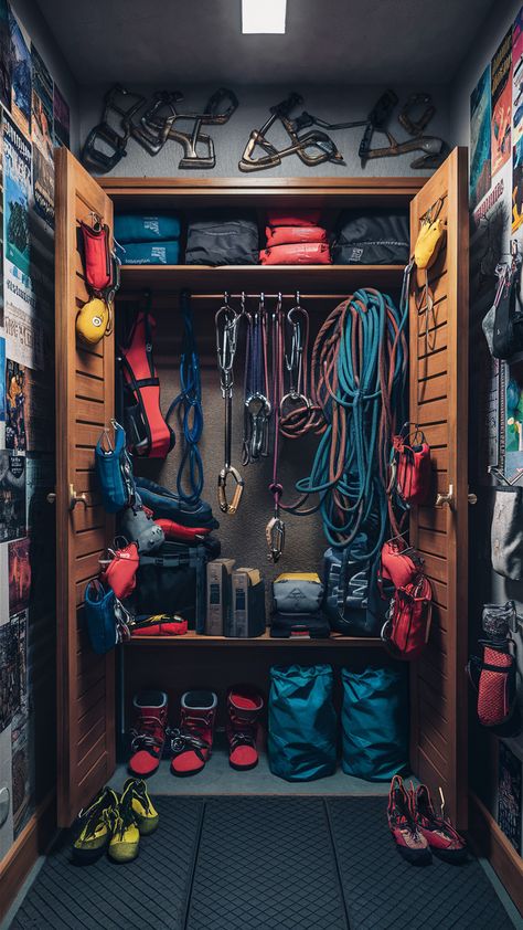 💰 Create a rock climbing gear closet on a budget with DIY solutions that don’t skimp on style or functionality. Use affordable materials and clever climbing gear storage hacks to keep your gear organized and your wallet happy. #RockClimbingGearCloset #ClimbingGearStorage #ClimbingOrganization Gear Closet Organization, Climbing Gear Storage, Backpacking Gear Storage, Outdoor Gear Organization, Closet On A Budget, Container Garage, Gear Closet, Camping Gear Storage, Closet Idea