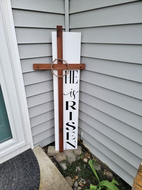 Diy Religious Easter Decor, Diy Easter Wood Signs, He Is Risen Porch Leaner, Christian Yard Decor, Wood Crosses Ideas Projects, Easter Open House Ideas, Easter Woodworking Projects, How To Make A Wooden Cross, Diy Cross Decor Ideas