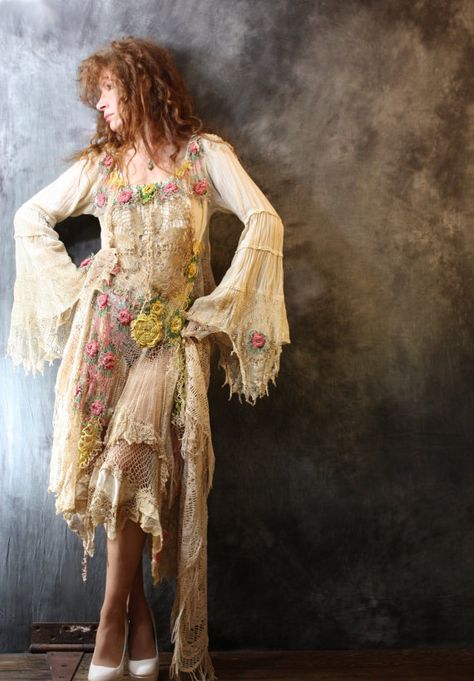 Bohemian Gypsy Hippie Crochet Lace Mermaid Fantasy Dress Angel Sleeves Roses Butterflies OOAK Handmade Wedding Majik Horse Moda Hippie, Robes Vintage, Floral Pullover, Estilo Hippie, Vestidos Vintage, Hippie Chic, Estilo Boho, Asymmetrical Dress, Hippie Style