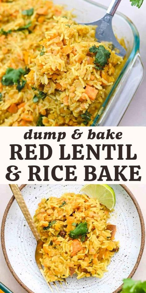 Cheesy Red Lentil Bake, Vegan Dump And Bake, Lentil Bake, Lentil And Rice, Lentil Casserole, Red Lentil Recipes, Dump And Bake, Bean Dishes, Rice Bake