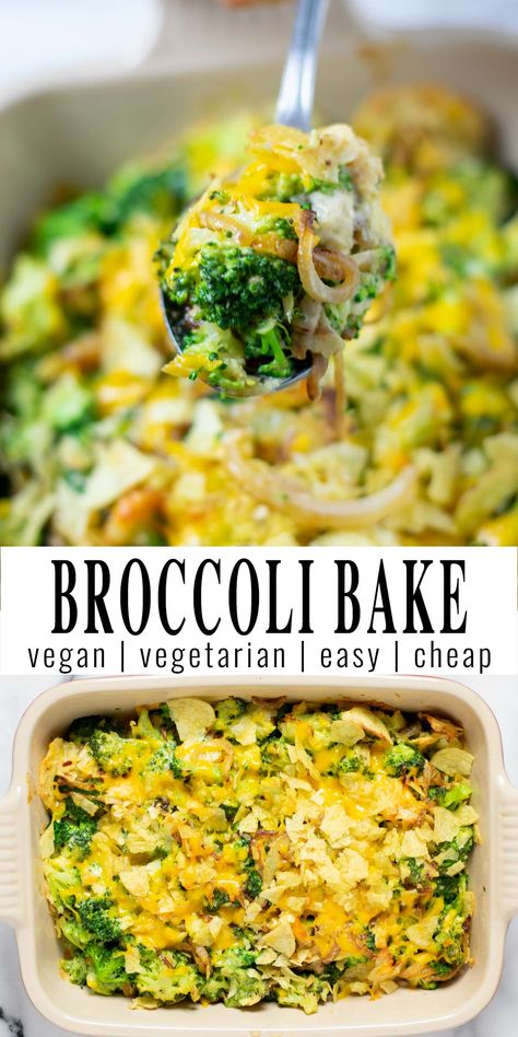 This Broccoli Bake is an easy Broccoli Casserole recipe, made with a creamy white sauce from dairy free cream cheese, baked to cheesy perfection and topped with crunchy potato chips instead of Ritz crackers. The ultimate comfort food, warm from the oven, creamy, rich. You know it is always a keeper that the whole family will love. #vegan #dairyfree #vegetarian #contentednesscooking #dinner #lunch #mealprep #broccolibake Vegan Casserole Recipes, Easy Broccoli Casserole, Broccoli Casserole Recipe, Creamy White Sauce, Broccoli Recipes Casserole, Vegan Casserole, Easy Broccoli, Broccoli Bake, Dairy Free Cream Cheese