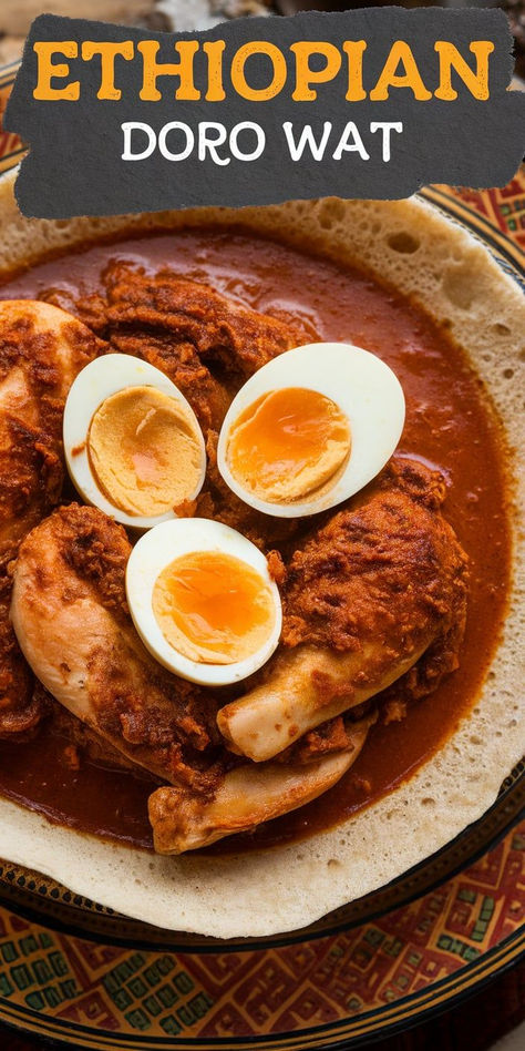 Indulge in the deep, vibrant flavors of Ethiopian Doro Wat! A spicy chicken stew cooked with berbere and served with eggs, making it a comforting and flavorful dish. Doro Wat Recipe, Ethiopian Doro Wat, Spicy Chicken Stew, Injera Bread, Doro Wat, Berbere Spice, Ethiopian Cuisine, Teff Flour, Spiced Vegetables