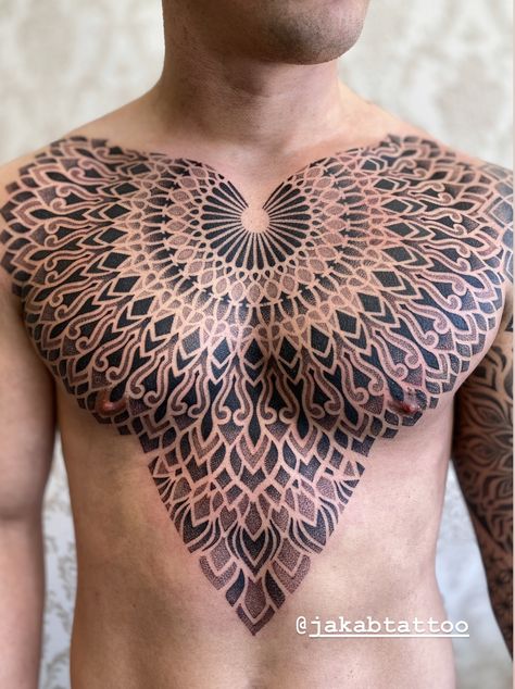 Dotwork Chest Tattoo, Chest Mandala Tattoo, Chest Mandala, Mandala Chest Tattoo, Colorful Mandala Tattoo, Mandala Sternum Tattoo, Mandala Tattoo Ideas, Mandala Tattoo Men, Dotwork Tattoo Mandala