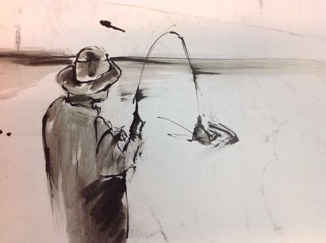 Fishing Sketch Drawing, Man Fishing Painting, Fly Fishing Drawing, Man Fishing Drawing, Fishing Sketch, Fishing Art Drawing, Fisherman Drawing, Fishing Drawing Ideas, Fishing Drawing