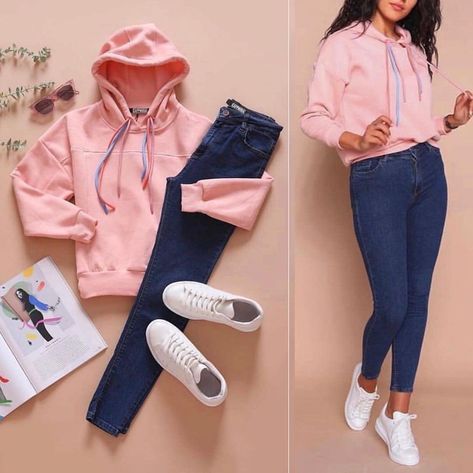 Pink hoodie, Jeans, White sneakers - Casual Outfit How To Style Pink Hoodie, Teen Fashion Outfits Winter, Pink Hoodie Outfit, Jeans White Sneakers, Clothes Combinations, Casual College Outfits, Mode Casual, Stylish Work Outfits, Trendy Fashion Outfits