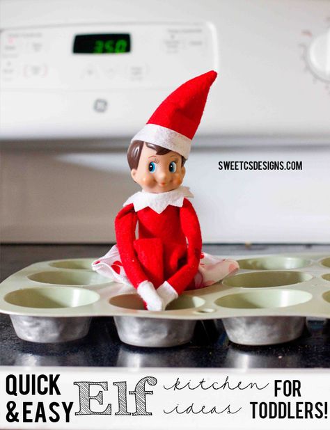 Quick and easy elf on a shelf ideas in the kitchen- perfect for toddlers! Shelf Kitchen Ideas, Elf On A Shelf Ideas, Bathroom Pantry, Elf On Shelf, Floor Furniture, Easy Elf, Elf On A Shelf, Elf Magic, Decorating Bedroom