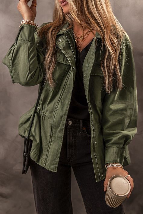 $18.35 Moss Green Snap Button Zipper Tight Waist Collared Jacket Wholesale Collared Jacket, Normal Body, Long Sleeve Jacket, Sleeve Jacket, Long Sleeves Jacket, Moss Green, Basic Style, Green Jacket, Polished Look