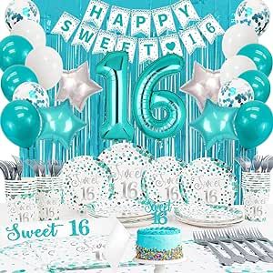 Sweet 16 Birthday Decorations- Teal Sweet 16 Plates and Napkins Party Supplies for 20 Guests,Teal Blue Balloons,Sweet 16 Birthday Sash and Caketopper,Turquoise Blue Metalic Curtains and Tablecover Teal Sweet 16, Balloons Sweet 16, Sweet 16 Sash, Turquoise Party, Sweet 16 Party Decorations, 16th Birthday Decorations, 16 Balloons, Teal Decor, Sweet 16 Decorations