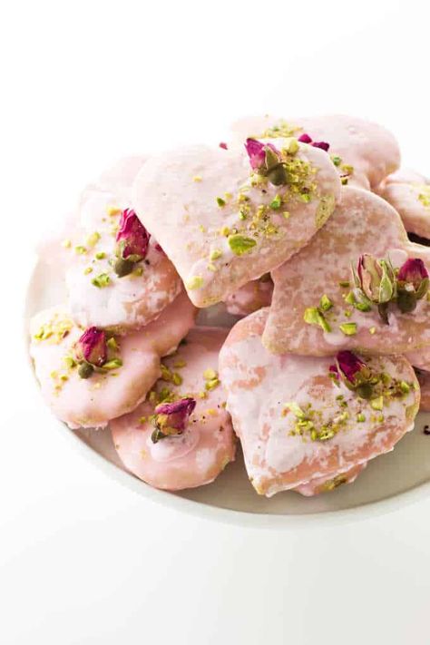 Bake up a batch of Rose Pistachio Cookies for dessert. These pretty heart-shaped cookies have a delightful rosewater flavoring, ground pistachios and the crunch of biscotti. #cookies #dessert #sweets Rose Pistachio, Almond Biscotti Recipe, 2022 Gifts, Pistachio Biscotti, Shaped Food, Rose Cookies, Pistachio Cookies, Cranberry Pistachio, Cherry Cookies