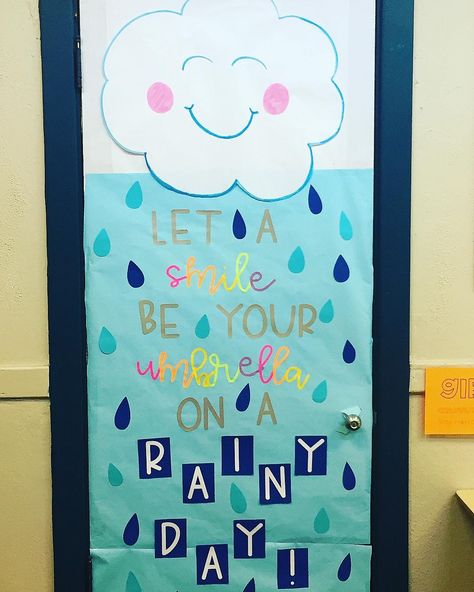 Rain, rain, go away. Come again another day! 🌧☔️ New spring classroom door inspired by @schoolwithjules ! Stay positive everyone! 🤗 . . . .… Rain Day Decoration In School, Rain Theme Classroom Door, Weather Classroom Door Ideas, Rain Classroom Decorations, Rainy Season Classroom Decoration, April Theme Classroom Door, Kindergarten Classroom Door Decorations, Rainy Day Bulletin Board Ideas, Rain Bulletin Board Ideas