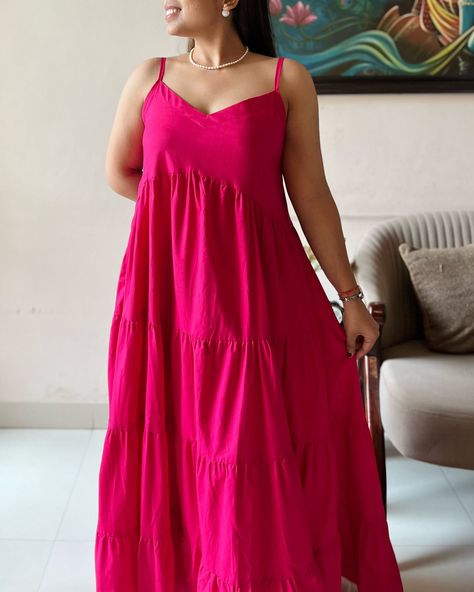 Beautiful four tiered Maxi Dress Colour: Magenta Pink Size: Free size Price: 699/- Dress Colour, Plain Colour, Casual Day Outfits, Magenta Pink, Tiered Maxi Dress, Day Outfits, New Me, Fashion Store, Free Size