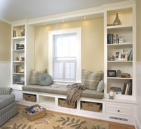 Love the extended length of the seat and the covers below to reroute the heater vent flow (a problem I will have). Built In Bookcase, Woodworking Plan, Window Seat, Bonus Room, Design Case, Reading Nook, My New Room, Built Ins, Home Fashion