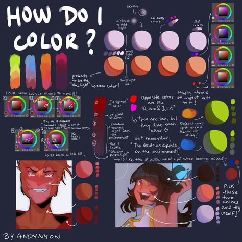 Color Theory Light And Shadow, Digital Art Coloring Process, Coloring Techniques Digital Art, Art Tutorials Color, Light Theory Drawing, Color Tips Drawing, Color Theory Reference, Digital Coloring Styles, Red Yellow Blue Face Shading