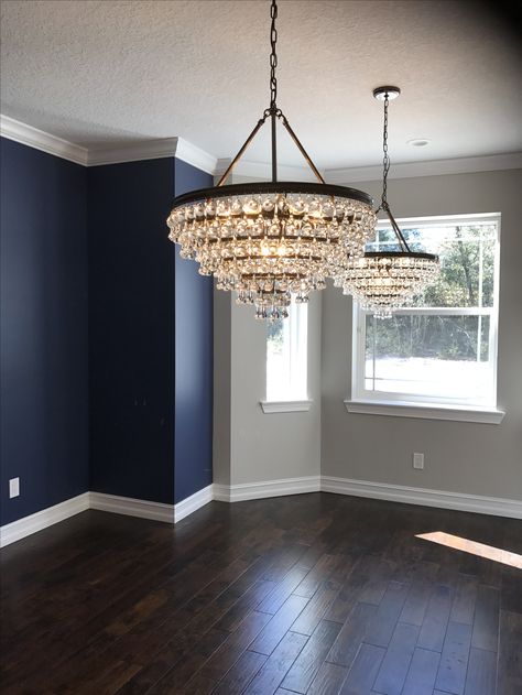 Dining room SW Indigo Batik & Repose Grey Double Height Living And Dining Room, Light Grey Walls With Blue Accent Wall, Blue And Grey Bedroom Walls, Light Grey And Navy Living Room, Indigo Dining Room, Dark Blue Wall Dining Room, Navy And Grey Dining Room, Gray Walls With Blue Accent Wall, Grey And Blue Dining Room