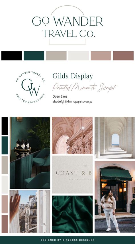 Lina, the founder of Go Wander Travel Co., desired a timeless, modern, feminine, and sophisticated appearance for her brand. To achieve this, we created a color palette that includes dark green, blush, mauve, and neutrals.The logo is designed to be timeless and features a minimal arch detail. The small details and refined use of a feminine serif font create a sophisticated and detail-oriented impression. Check our her branding here! Dark Green And Blush Color Palette, Luxury Brand Color Pallete, Sophisticated Color Palette Branding, Dark Feminine Color Palette, Professional Mood Board, Luxury Color Palette Branding, Luxury Color Palette, Sophisticated Color Palette, Neutral Branding