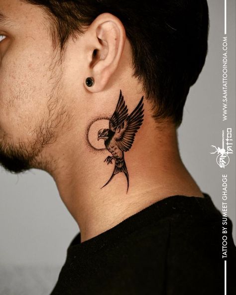 Tattoos For Men Neck, Men Neck Tattoo, Owl Neck Tattoo, Simple Neck Tattoos, Bird Tattoo Neck, Neck Tattoos For Men, Front Neck Tattoo, Swallow Bird Tattoos, Neck Tattoo Ideas