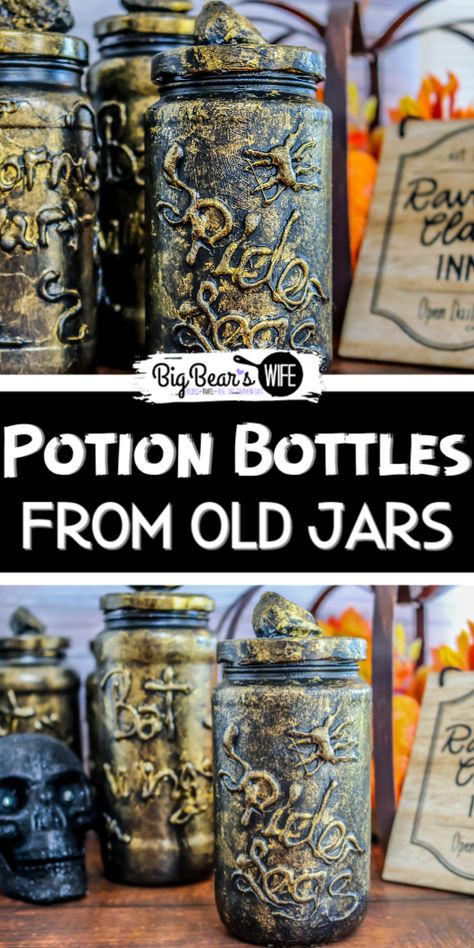 Recycle old jars into spooky Halloween decorations with this easy DIY Potion Bottles craft! Make these DIY Potion Bottles from Old Jars using clean jars, paint and a little hot glue! Witch Diy Decoration, Diy Potion Bottles, Fantasy Crafts, Witch Brooms, Creepy Crafts, Supplement Bottles, Macabre Decor, Cumpleaños Harry Potter, Halloween Jars