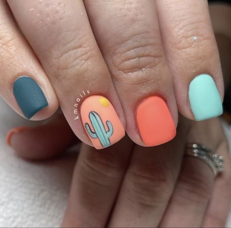 Nail Design For Very Short Nails, Nails With Cactus Design, Arizona Themed Nails, Southwestern Nail Designs, Rainy Season Nails, Daycare Nails, Cow Skull Nails, Western Toe Nail Designs, Arizona Nails Designs