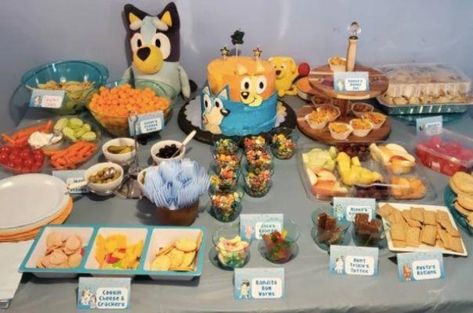 Bluey Theme Party Snacks, Bluey Birthday Finger Foods, Snacks For Bluey Party, Food Ideas For 2nd Birthday Party, Bluey Birthday Party Drinks, Bluey Birthday Punch, Food For A Bluey Party, 1st Birthday Bluey Theme Food, Bluey Themed Birthday Snacks