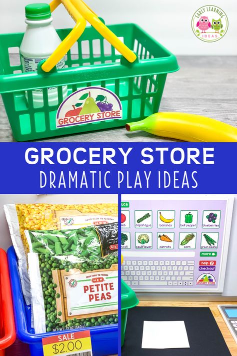 Find tips & ideas to set up a fun grocery store dramatic play area in your preschool classroom or at home. Get directions for food, props to add to your center (free, inexpensive and DIY ideas are included).  Find examples of printables and ideas to add literacy elements and math elements to promote play-based learning.   Perfect for a grocery store, farmers market, supermarket that your kids will love. via @Early Learning Ideas Math Elements, Store Dramatic Play, Dramatic Play Ideas, Grocery Store Dramatic Play, Pretend Grocery Store, Pretend Play Grocery Store, Play Grocery Store, Dramatic Play Themes, Dramatic Play Center