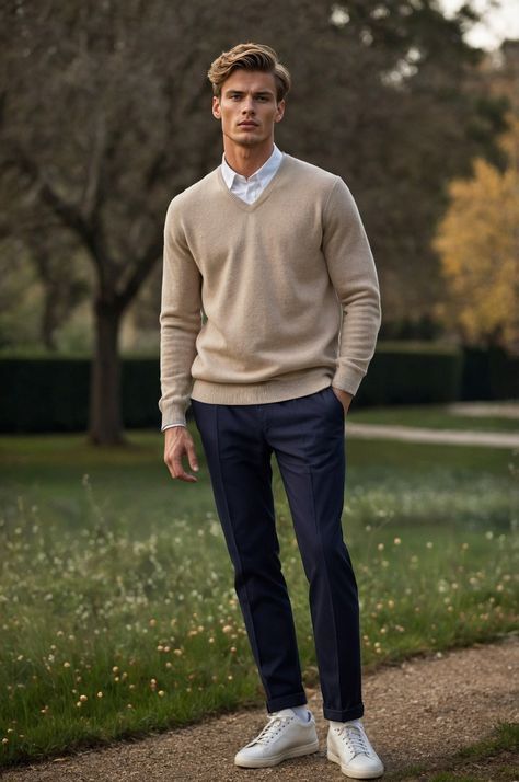 Beige Jumper Outfit Men, Ralph Lauren Mens Aesthetic, Men Cream Sweater Outfit, Mens Cashmere Sweater Outfit, Male Professor Outfit, Saucony Outfit Men, Tan Sweater Outfit Men, Men’s Classic Style, Beige Jersey Outfit