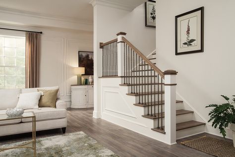 Palermo features traditional twist and basket balusters. Pictured here with 3101 and 3102 balusters in the Ash Gray finish. Diy Stairs Makeover, Stair Railing Makeover, Interior Stair Railing, Stair Balusters, Parts Of Stairs, Iron Stair Railing, Beautiful Stairs, Double Twist, Staircase Remodel