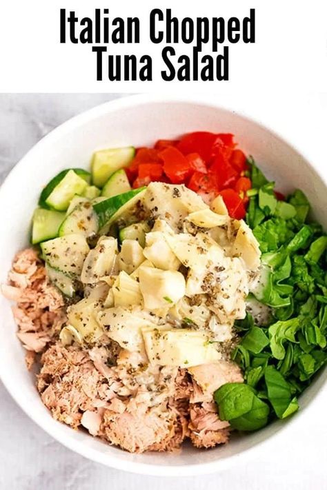 Canned tuna Chopped artichokes Chopped cucumber Chopped roasted red pepper Chopped spinach Italian Dressing Salt (optional) Tuna Artichoke Salad, Artichoke Tuna Salad, Tuna Chopped Salad, Spinach Tuna Salad, Spinach And Tuna Salad, Chopped Tuna Salad, Ranch Tuna Salad, Chopped Spinach Salad, Italian Tuna Salad