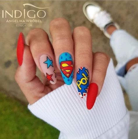 Cute Nails For Women 2023 | Summer Nails Art Superman Nails, Comic Nail Art, Superhero Nails, Marvel Nails, Summer Nails Art, Easter Nail Art Designs, Girls Nail Designs, Beach Nail Art, Pop Art Nails