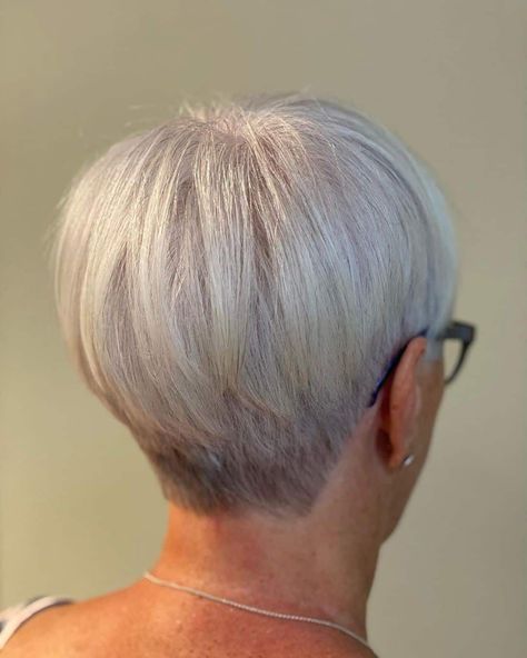 Short Neck Haircut, Saved Haircuts, Short Gray Pixie, Short Hairstyles For Women Over 60, Gray Hair Ideas, Short Stacked Wedge Haircut, Short Wedge Hairstyles, Gray Pixie, Short Stacked Hair