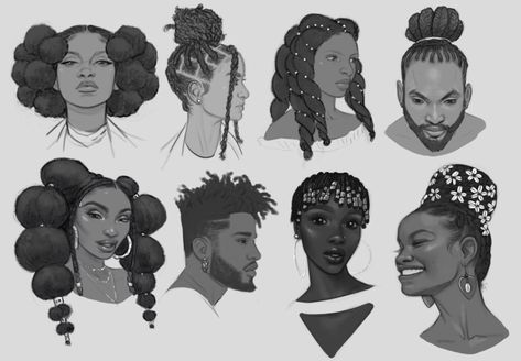 Hair Studies, Drawing Hair Tutorial, Hair Sketch, Black Characters, Body Reference, Anime Hair, Afro Art, Hair Reference, Reference Poses