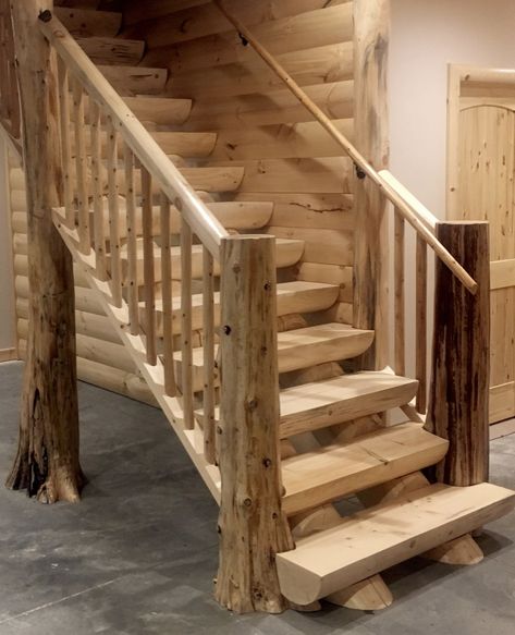 Rustic Spiral Staircase, Log Staircase, Log Stairs, Cabin Stairs, Rustic Staircase, Stairs Railing, Stair Posts, Log Planter, Stair Makeover