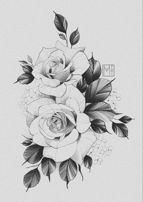 Roses And Peonies Tattoo Design, Flower Rose Tattoo Designs, Fineline Roses Tattoo, Rosa Tattoo Designs, Rose Floral Tattoo Design, Geometric Flower Tattoo Design, Floral Tattoo Design Drawings, Roses Drawing Tattoo, 2 Roses Tattoo Design