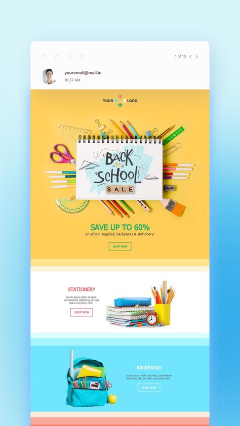 Light blue background with an image of a back to school sale email template, with a yellow background and images of school supplies including crayons, backpacks, scissors and glue. Back To School Stationery, Sale Email, Sale Template, Back To School Sale, Bee Free, Sale Emails, Colourful Design, Back To School Sales, Email Template