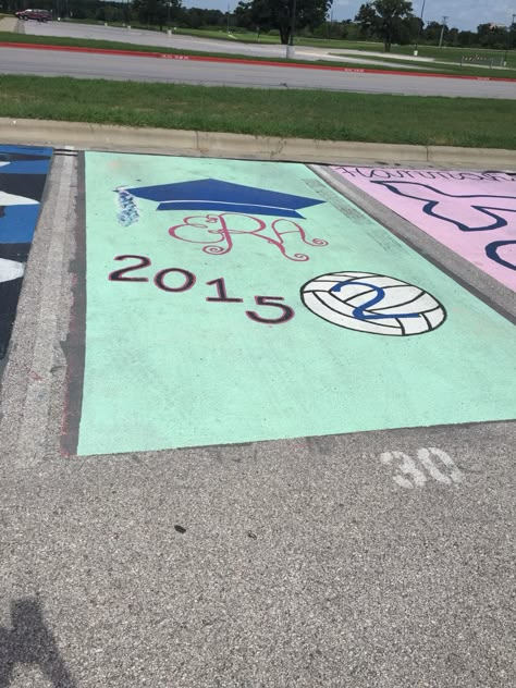 Paint your parking spot!!!!! Can the volleyball no a dance shoes Senior Parking Spot Ideas, Parking Spot Ideas, Parking Lot Painting, Fun Chalk Art, Senior Year Things, Senior Year Fun, Senior Parking Spot, Parking Spot Painting, Spot Painting