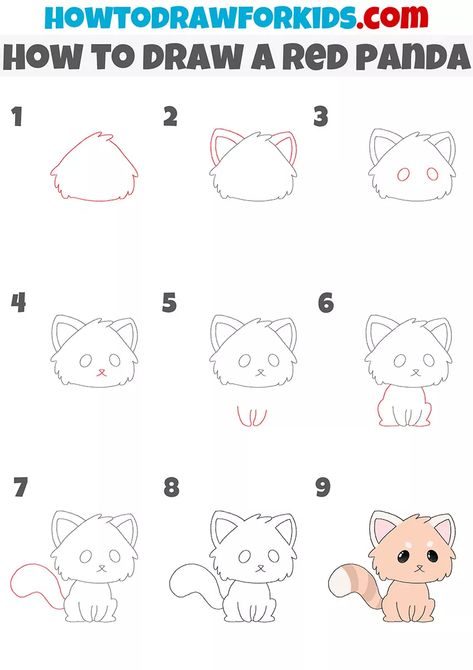 How To Draw A Red Panda Step By Step, Simple Red Panda Drawing, Red Panda Drawing Easy, How To Draw A Panda, Panda Drawing Easy, Geometry Dash Wallpaper, Red Panda Drawing, Panda For Kids, Panda Craft