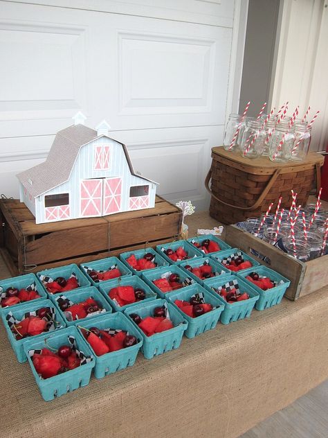 Farm Birthday Party. Meri Meri barn, berry baskets with fruit, Farm party inspiration, Farm Birthday Ideas, first birthday themes, food table. Adorable! Farm Birthday Ideas, Farm Party Foods, Barn Birthday Party, Mcdonalds Birthday Party, Vintage Crates, Fruit Farm, Farm Themed Party, Barnyard Birthday Party, Farm Animals Birthday Party