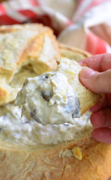 Fontina Mushroom Artichoke Dip. Mushroom Artichoke, Mushroom Dip, Cheese Mushrooms, Artichoke Dip Recipe, Fontina Cheese, Bread Bowl, Piece Of Bread, Bread Bowls, Clotted Cream