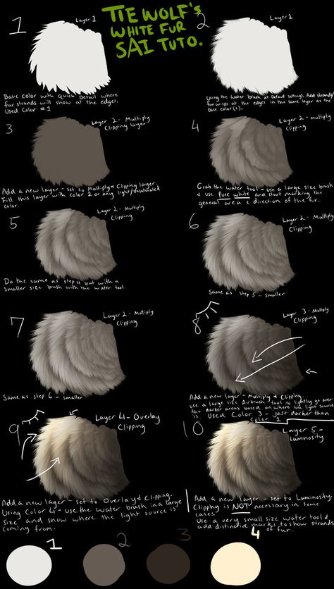 EDIT:  I have a NEW fur tutorial that is in VIDEO form; check it out here: tiewolf.deviantart.com/art/Tie… I'm hoping that this will show up at a size that isn't overwhelming and a size... Painting Fur, Digital Painting Techniques, 강아지 그림, Coloring Tutorial, Digital Painting Tutorials, White Fur, Digital Art Tutorial, Painting Tips, Art Tips