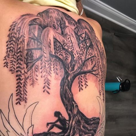 Tree Goddess Tattoo, Tree Tattoo Back Of Neck, Weeping Willow Tattoo Meaning, Willow Tree Tattoo Meaning, Dreaming Tree Tattoo, Willow Tree Back Tattoo, Willow Tree Tattoo For Women, Back Tattoo Cover Up Ideas For Women, Back Tree Tattoo