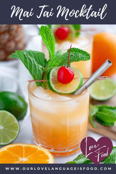 Mai Tai Mocktail Non Alcoholic Tiki Drinks, Mai Tai Mocktail Recipe, Tropical Mocktails For Luau, Pina Colada Mocktail, Mai Tai Recipe, Frozen Pina Colada, Family Breakfast Recipes, Mocktail Drinks, Mojito Mocktail