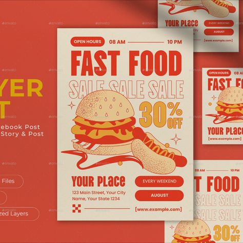 Cream Retro Fast Food Sale Flyer Set Poster Discount Design, Menu Fast Food Design, Restaurant Event Poster, Fast Food Graphic Design, Flyer Food Design, Advertisement Poster Ideas, Set Menu Design, Food Graphic Design Advertising, Food Flyer Design Ideas