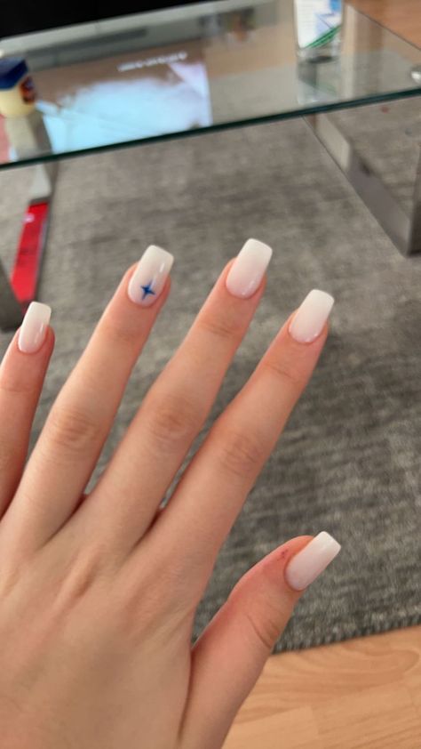 Simple Acrylic Nails Milky White, Short Milky Nails Design, Basic Milky White Nails, Nails White With Blue Design, Simple Nail Designs Blue And White, Short Milky White Acrylic Nails Square With Design, Milky White Nails Acrylic Design Square, Milky Gel Nails With Design, Blue And White Nail Inspo Short