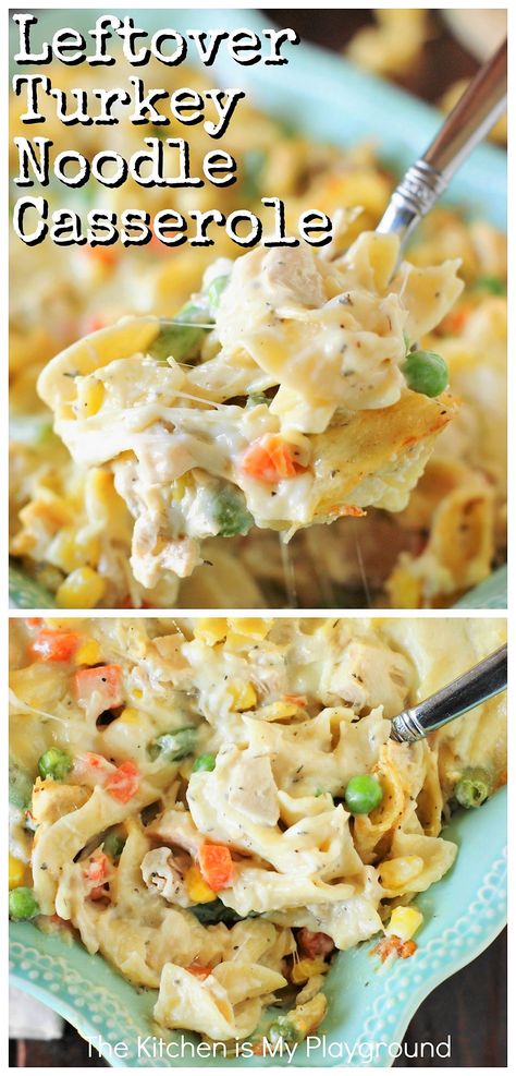 Leftover Turkey Noodle Casserole ~ Whip up a pan of creamy Turkey Noodle Casserole to enjoy that Thanksgiving & Christmas turkey. It's ALWAYS a hit. You may just decide it's so good, you don't want to wait for turkey leftovers to make it! #turkeynoodlecasserole #turkeycasserole #leftoverturkey www.thekitchenismyplayground.com Easy Weeknight Dinners Ground Turkey, Turkey Hotdish Casseroles, Turkey Casserole Recipes Leftover, Easy Leftover Turkey Recipes, Turkey Noodle Casserole, Turkey Casserole Recipe, Leftover Turkey Casserole, Turkey Pasta, Turkey Leftovers