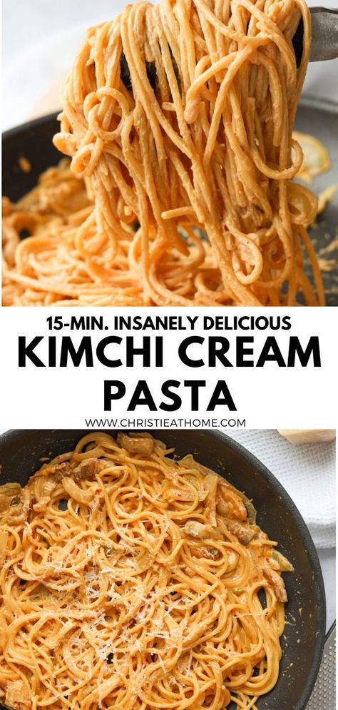 15-min. Kimchi Cream Pasta. Pasta noodles coated in the most insanely delicious kimchi cream sauce with cheese and pork belly. A rich delicious Asian-Italian fusion dish that will satiate your taste buds like no other! #what to eat with kimchi #kimchi meals #kimchi recipe ideas dinners #kimchi alfredo pasta #creamy kimchi pasta #pasta Kimchi Bacon Pasta, Foods To Eat With Kimchi, Kimchi Mayo Recipe, Recipes With Kimchi In It, Healthy Asian Inspired Recipes, Creamy Kimchi Pasta, Healthy Kimchi Recipe, Creamy Kimchi Udon, What To Do With Kimchi